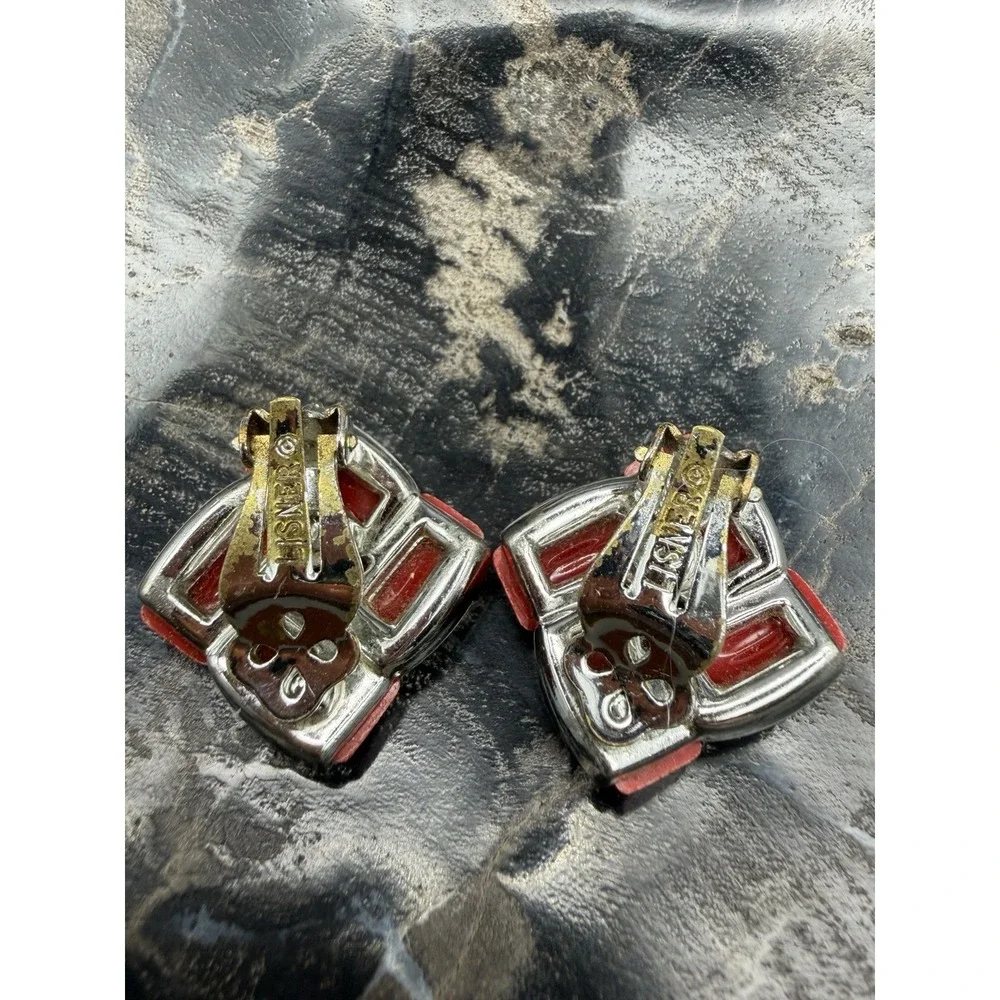 Vintage Lisner‎ Red Lucite Rectangles Windmill Shape Clip Earrings Silver Tone